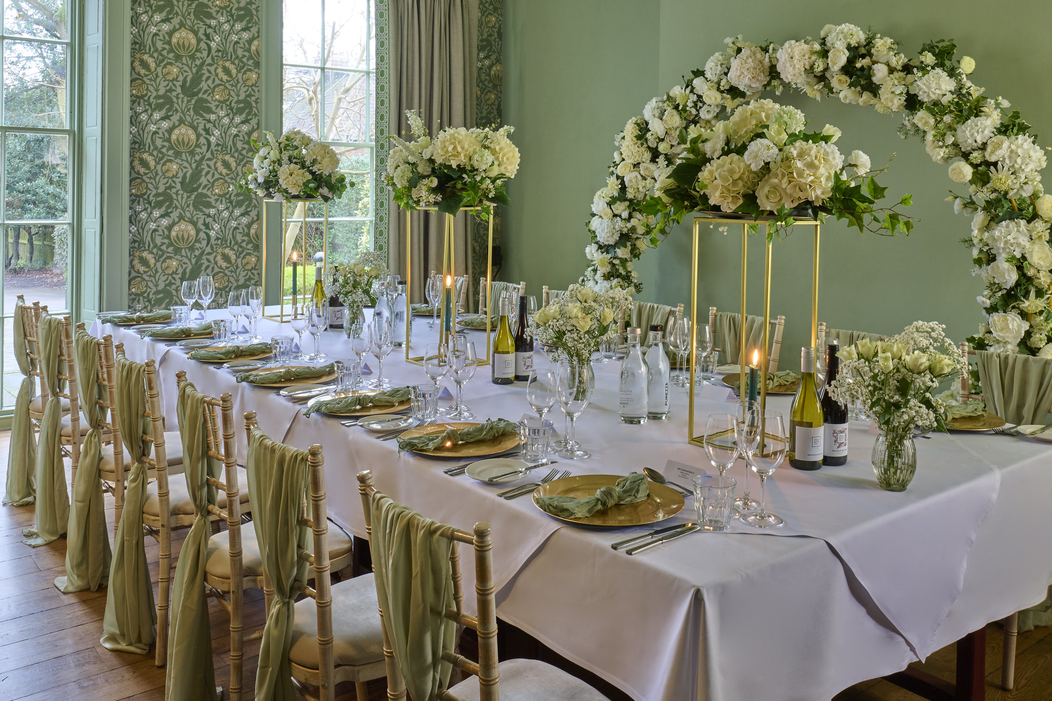 A beautifully arranged formal dinner table.