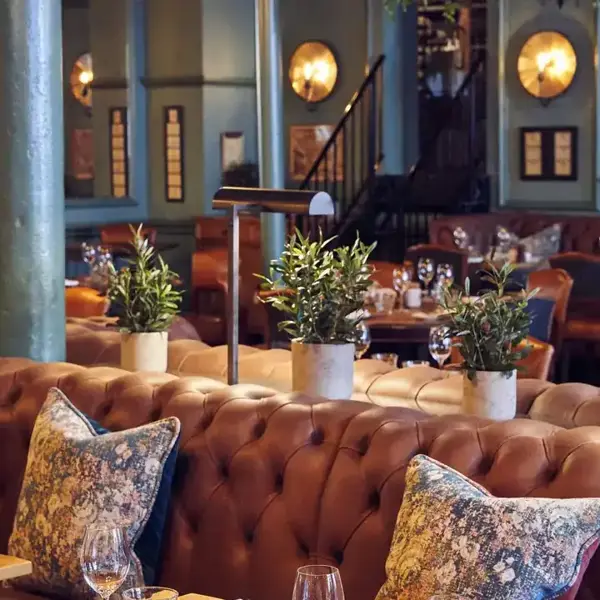 A spacious dining room filled with numerous cushions and plant pots