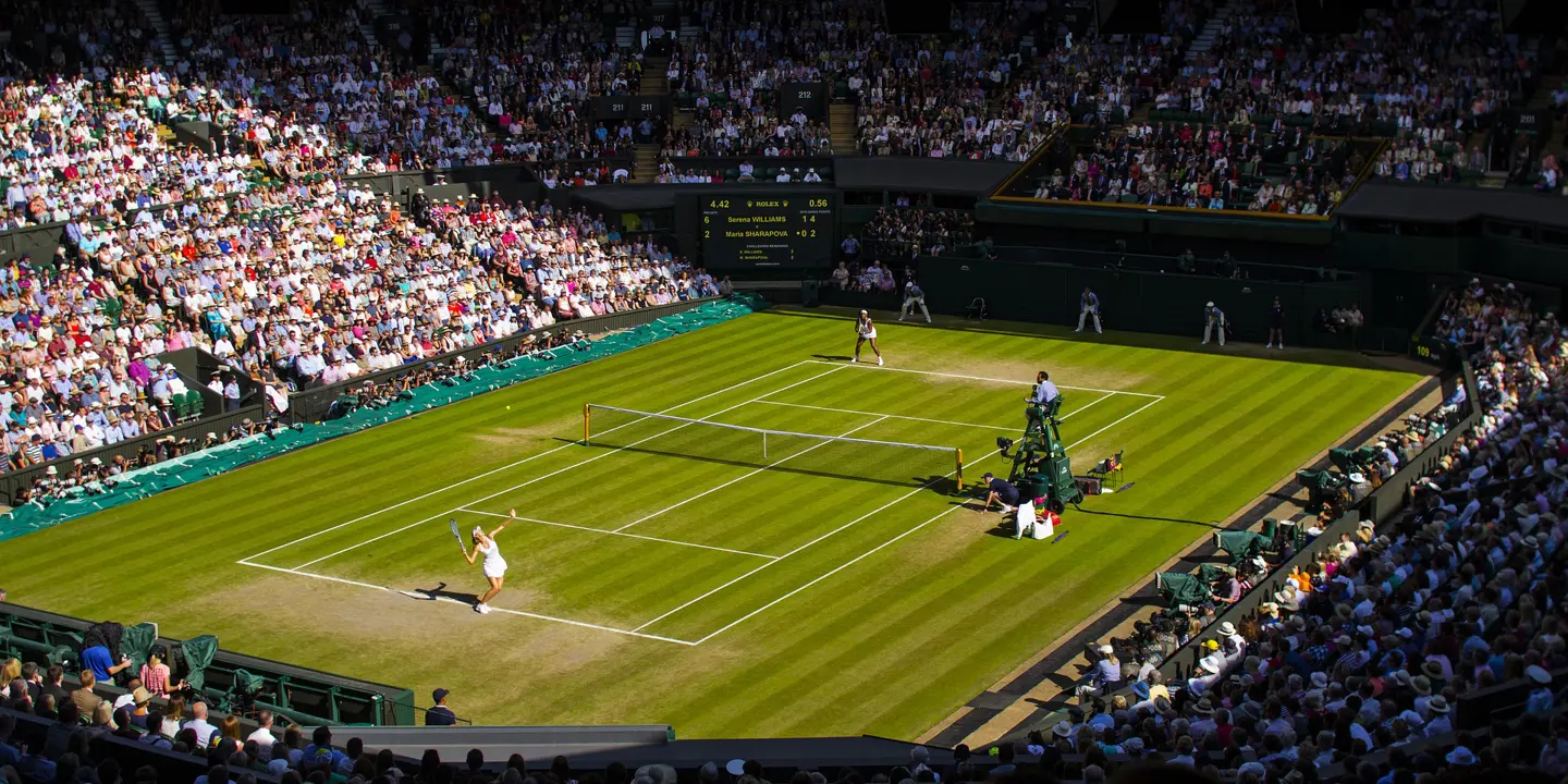 Aerial view of a group of individuals observing a tennis match.