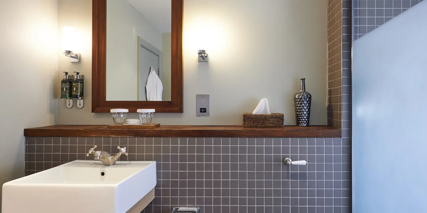 A bathroom featuring a sink, mirror, and toilet.