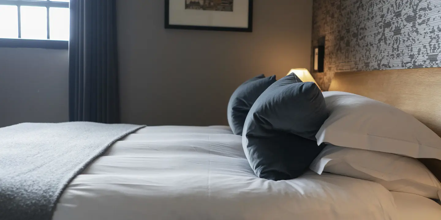 An elegantly made bed adorned with plush pillows and a tastefully framed picture hanging on the wall.