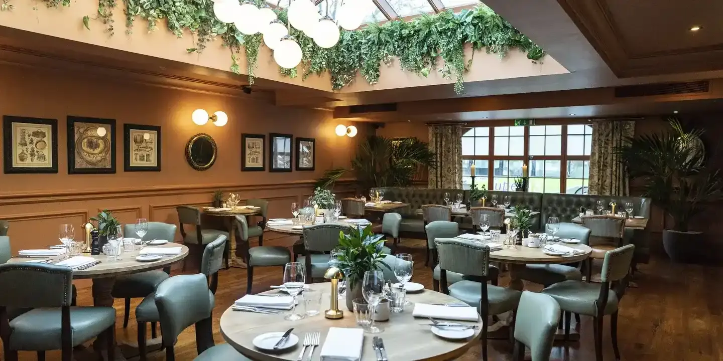 Dining room featuring tables, chairs, foliage and a skylight.