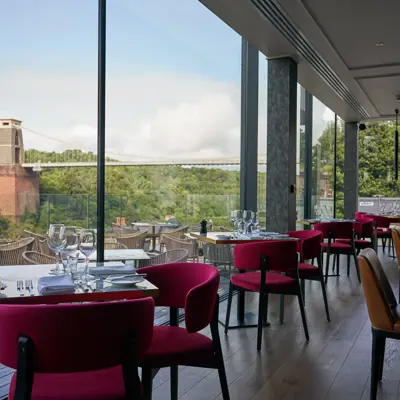 Restaurant overlooking a bridge.
