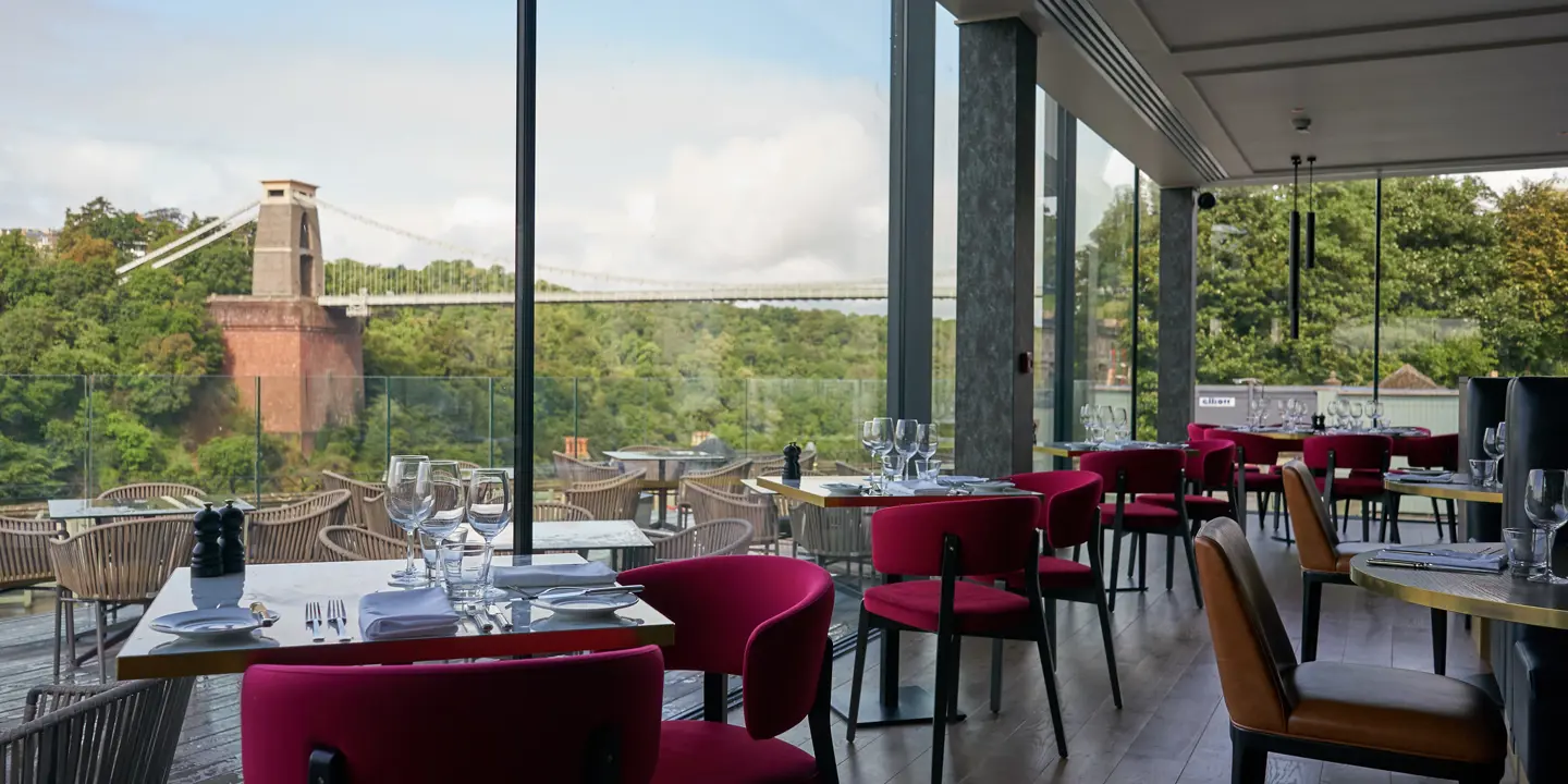 Restaurant overlooking a bridge.