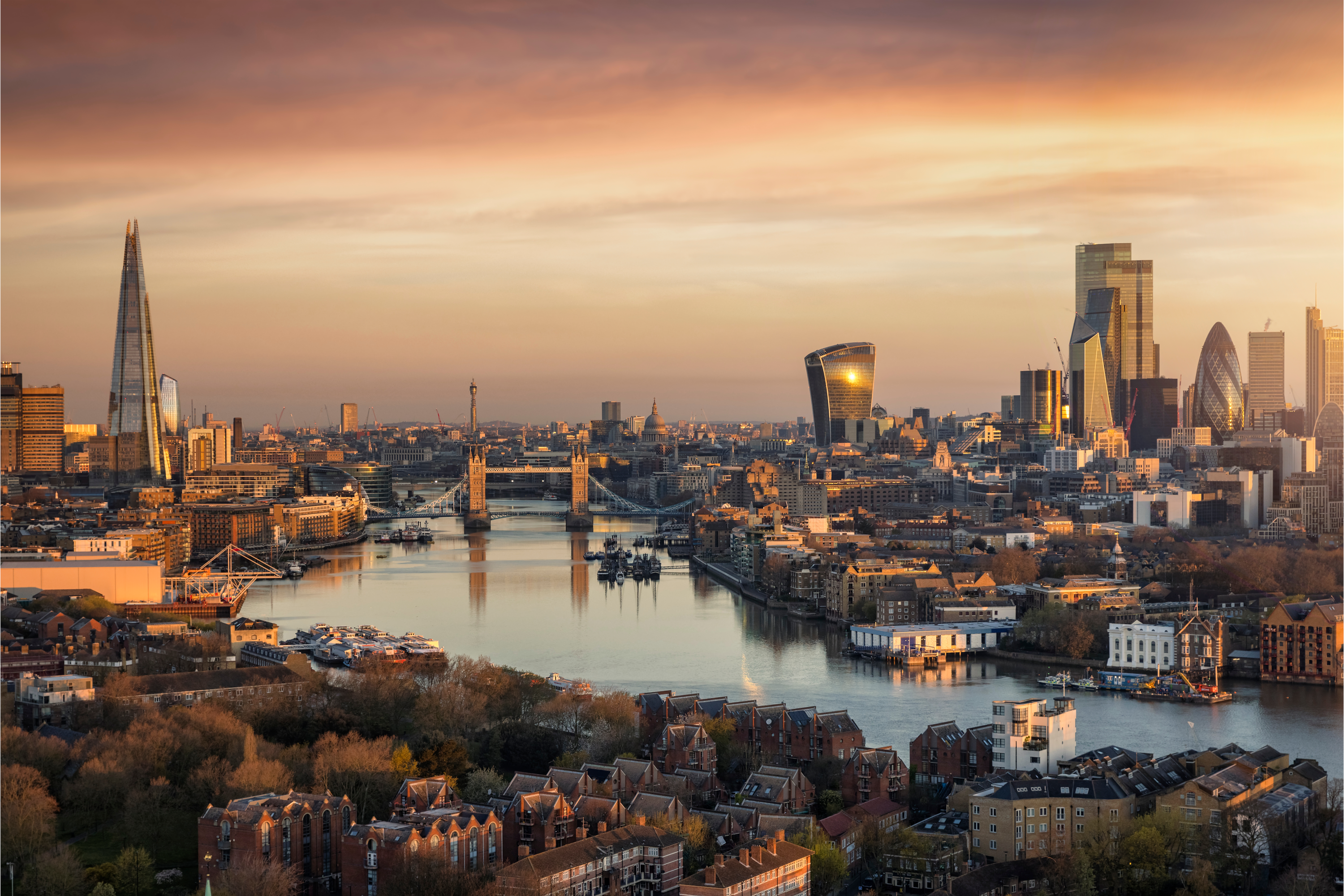 City of London skyline at sunset.