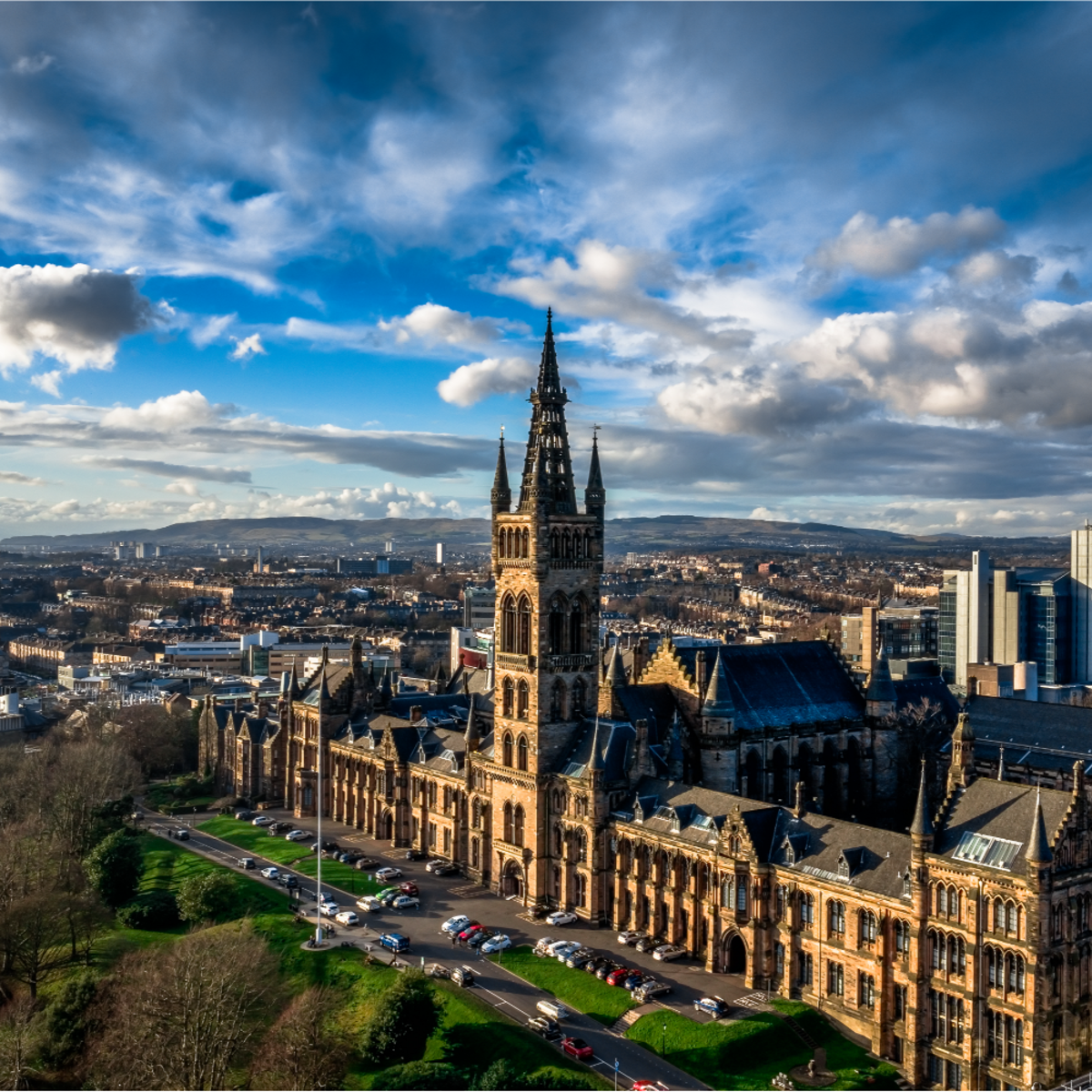 Aerial view of a the City of Glasgow Spire and Bell Tower