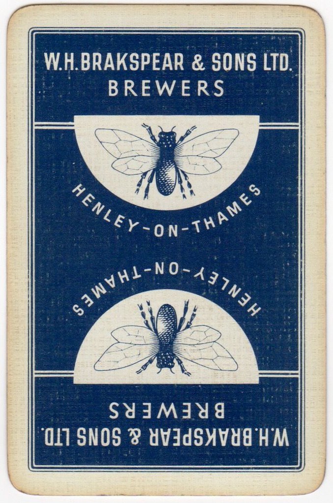 White and blue vintage card‑style image displaying the W.H. Brakspear & Sons Ltd. Brewers logo, with a central bee illustration and the text “Henley‑on‑Thames.” The design appears twice, mirrored top and bottom in an upside‑down format, similar to a playing card layout.