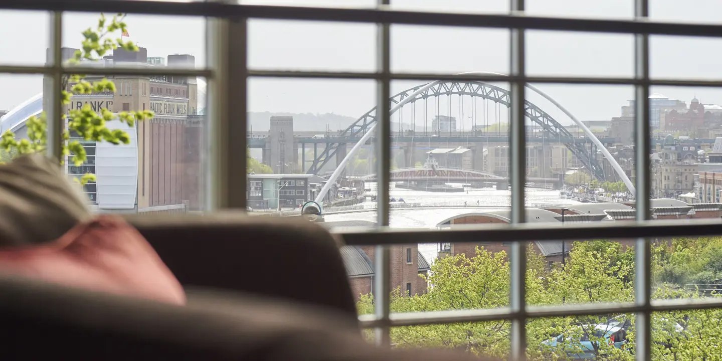 View of a bridge through a window.