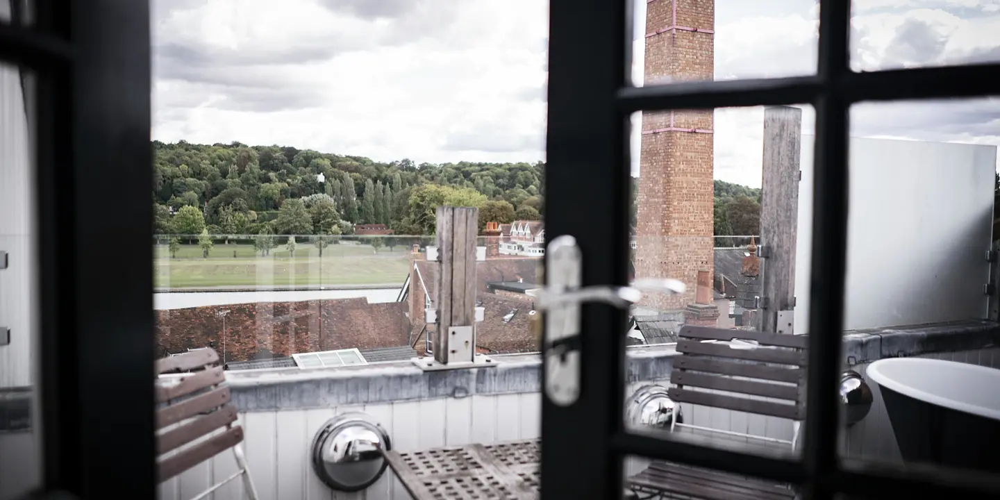 Cityscape seen through a window.