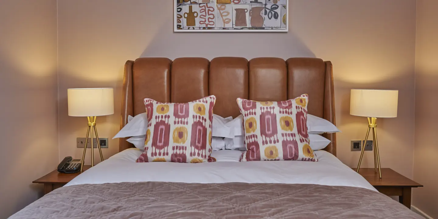 A bed featuring a brown headboard and matching pillows.