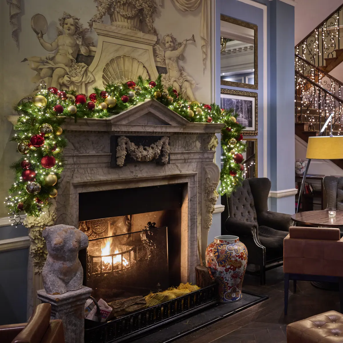 Festive ambience and decorations around a fireplace